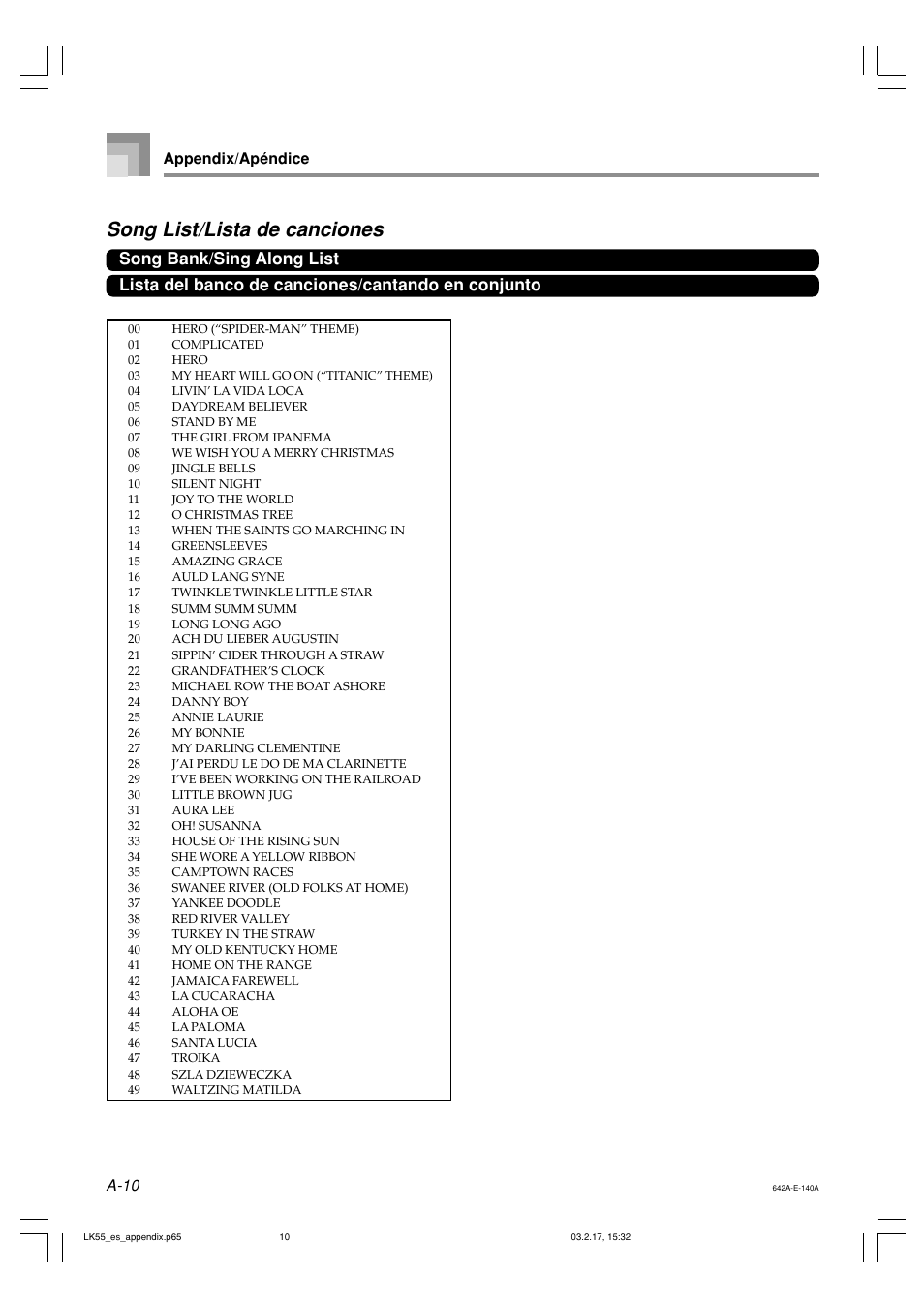 Song list/lista de canciones, A-10, Appendix/apéndice | Casio LK-55  EN User Manual | Page 75 / 83