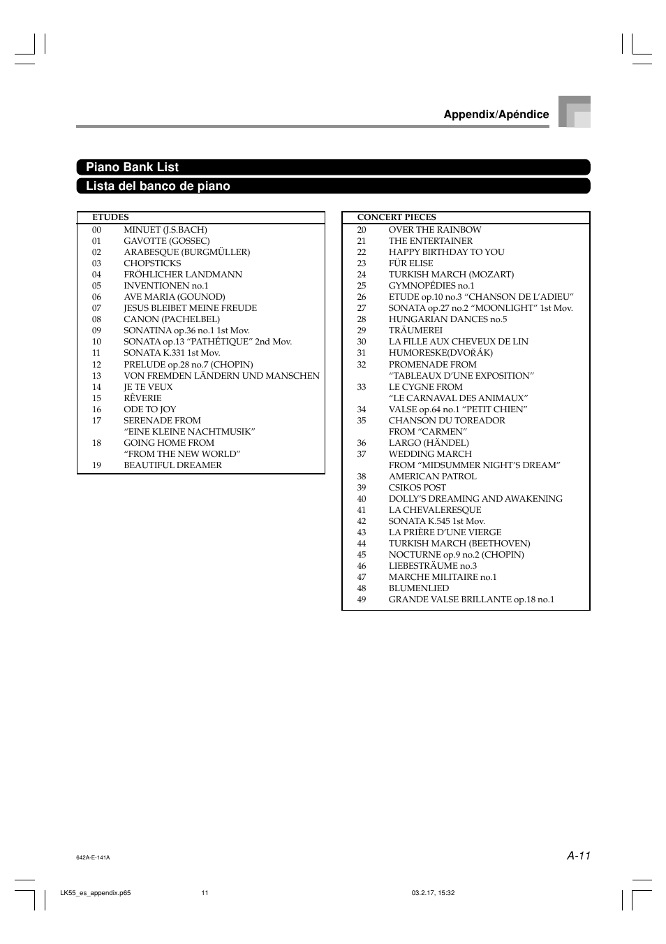 Piano bank list lista del banco de piano, A-11, Appendix/apéndice | Casio LK-55  EN User Manual | Page 76 / 83