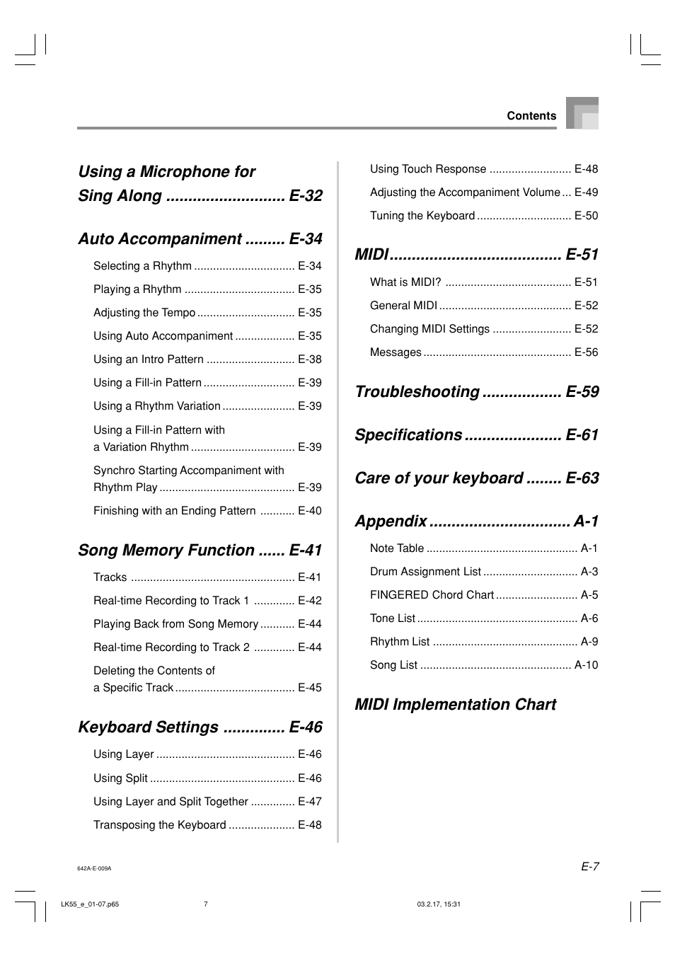 Keyboard settings .............. e-46, Midi ....................................... e-51, Midi implementation chart | Casio LK-55  EN User Manual | Page 9 / 83