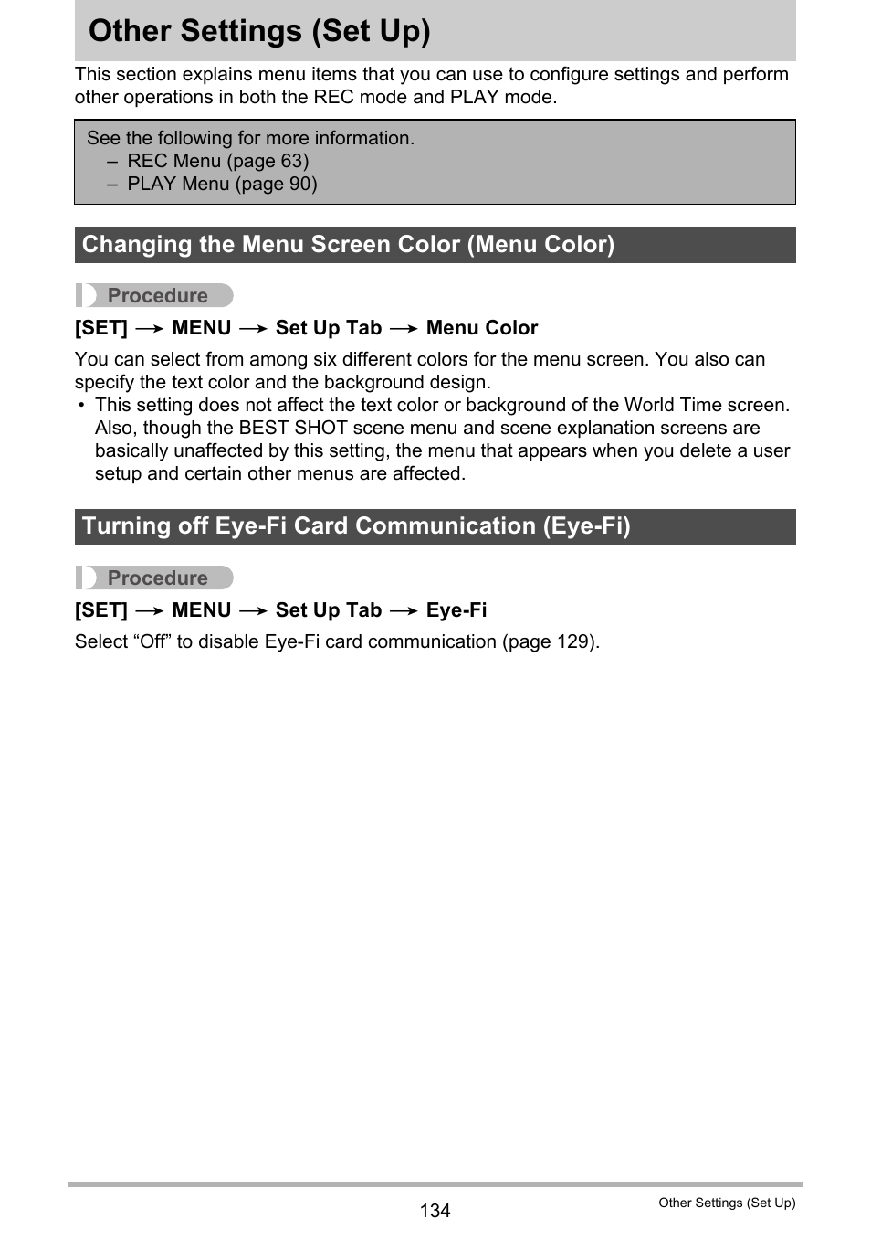 Other settings (set up), Changing the menu screen color (menu color), Turning off eye-fi card communication (eye-fi) | Other settings, Set up) 134 | Casio EXILIM EX-Z800 User Manual | Page 134 / 187
