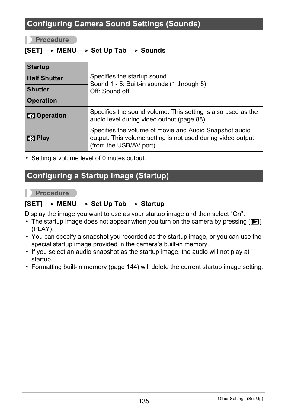Configuring camera sound settings (sounds), Configuring a startup image (startup) | Casio EXILIM EX-Z800 User Manual | Page 135 / 187