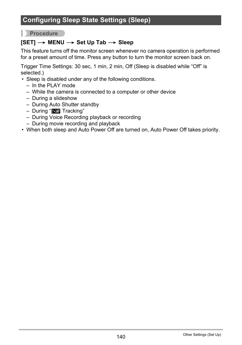 Configuring sleep state settings (sleep), Ge 140) | Casio EXILIM EX-Z800 User Manual | Page 140 / 187