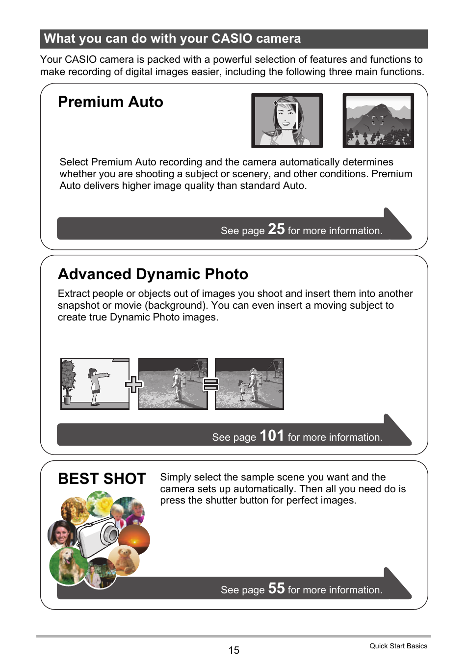 What you can do with your casio camera, Best shot, Advanced dynamic photo | Premium auto | Casio EXILIM EX-Z800 User Manual | Page 15 / 187