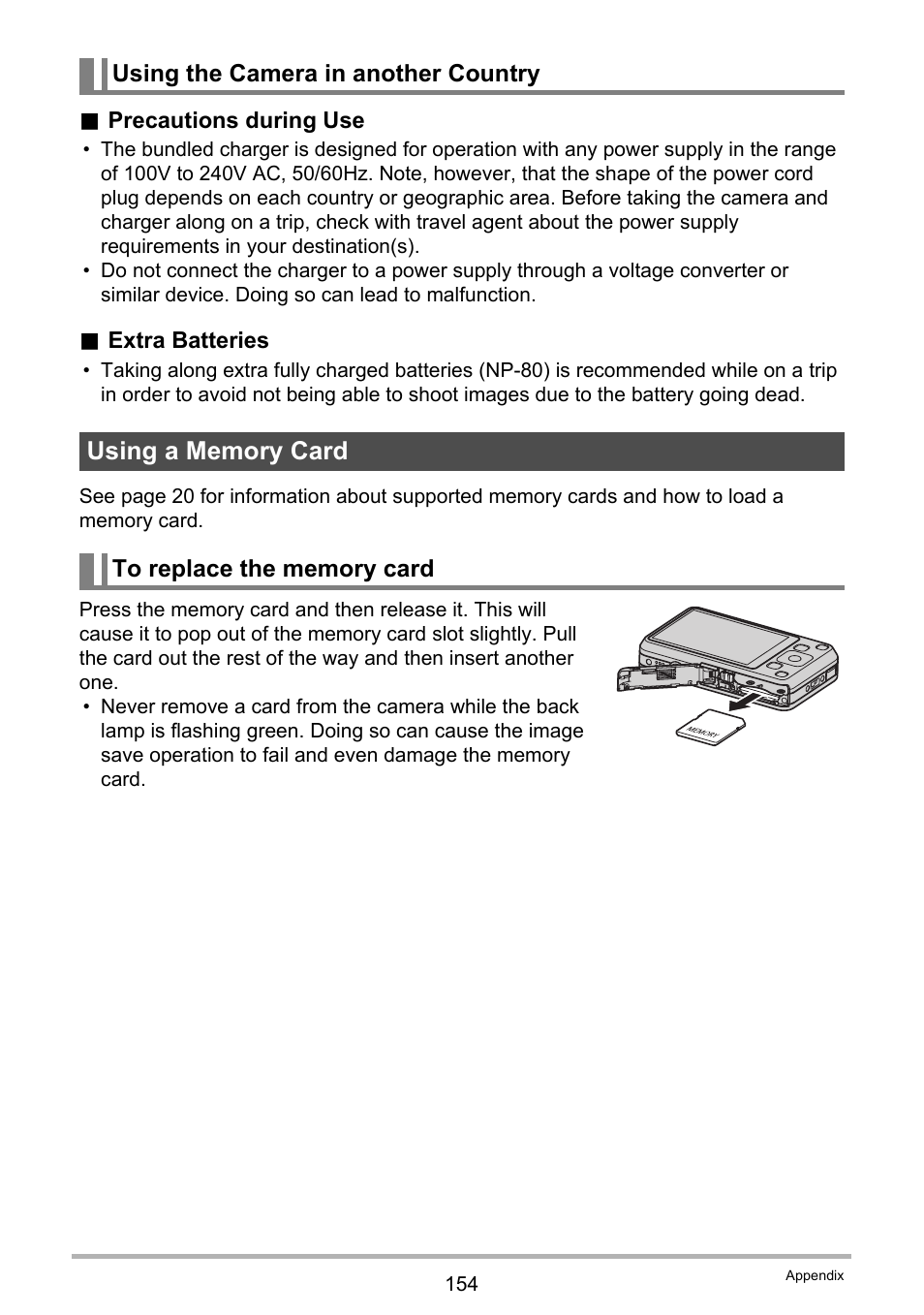 Using the camera in another country, Using a memory card, To replace the memory card | Casio EXILIM EX-Z800 User Manual | Page 154 / 187