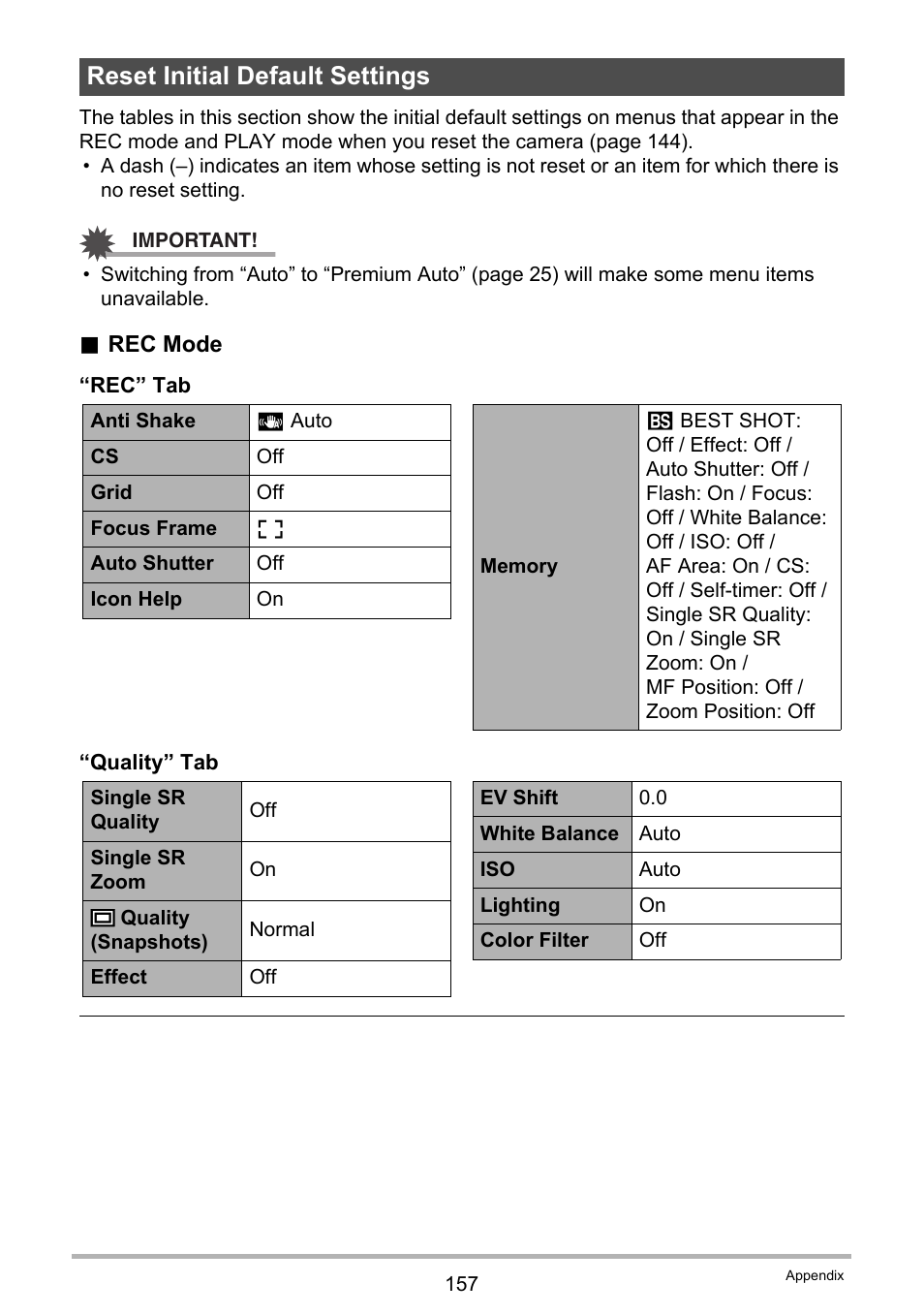 Reset initial default settings | Casio EXILIM EX-Z800 User Manual | Page 157 / 187