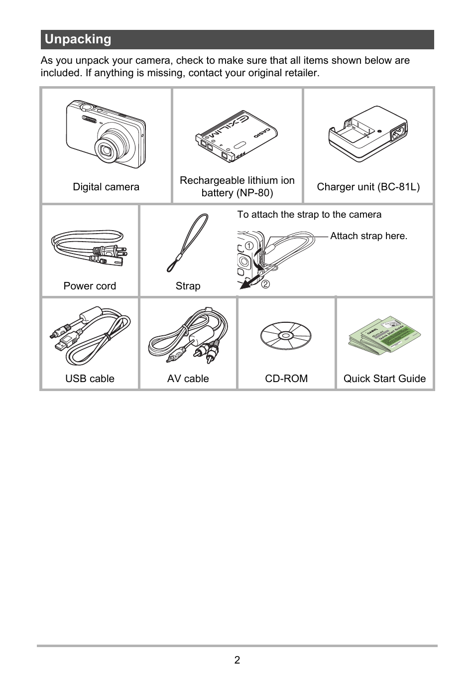 Unpacking | Casio EXILIM EX-Z800 User Manual | Page 2 / 187