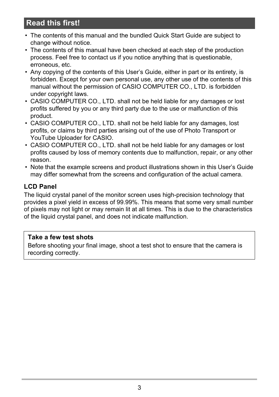 Read this first | Casio EXILIM EX-Z800 User Manual | Page 3 / 187