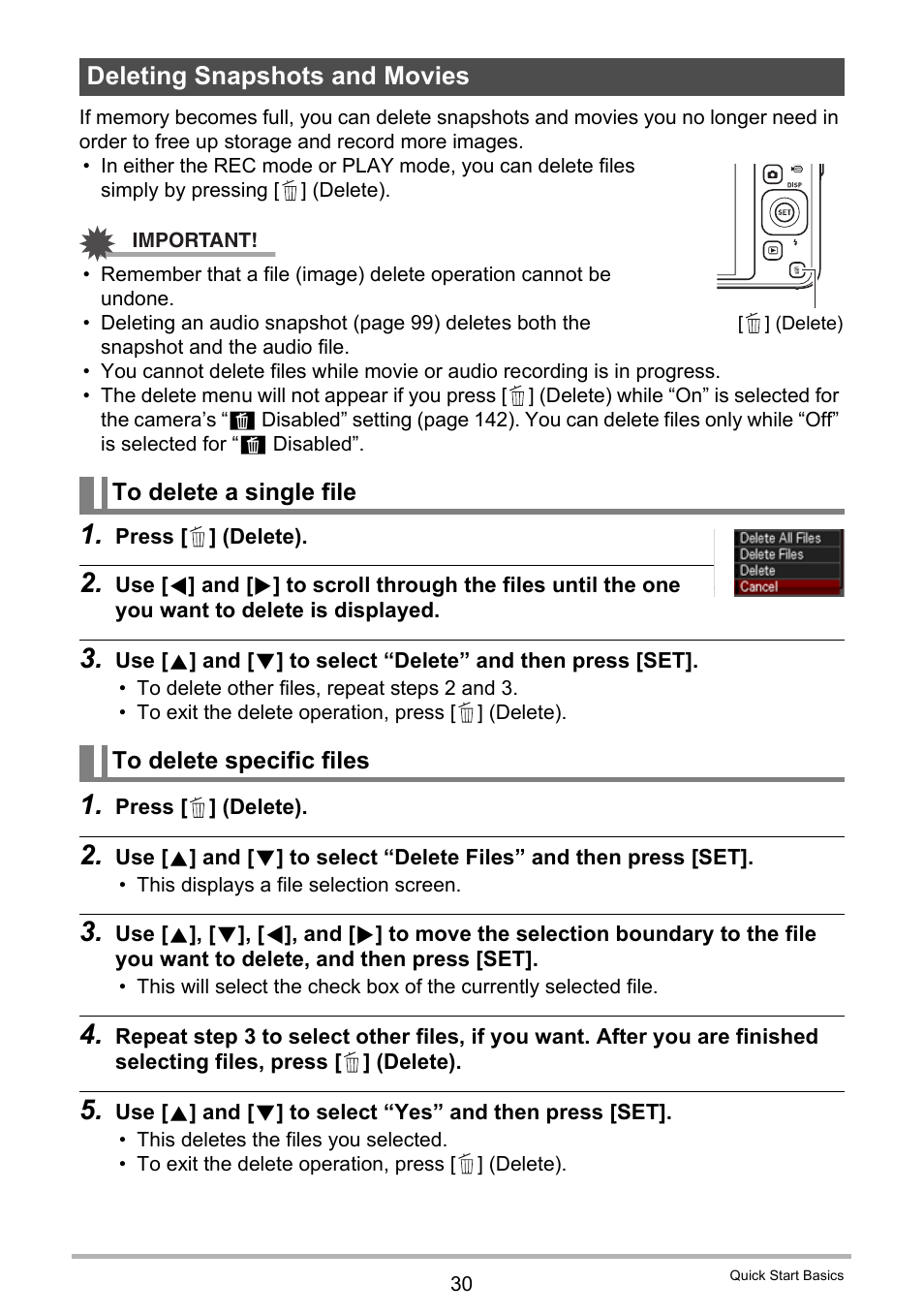 Deleting snapshots and movies, To delete a single file, To delete specific files | Casio EXILIM EX-Z800 User Manual | Page 30 / 187