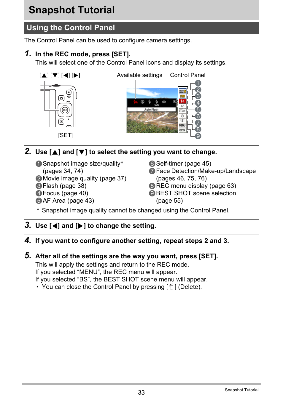 Snapshot tutorial, Using the control panel | Casio EXILIM EX-Z800 User Manual | Page 33 / 187