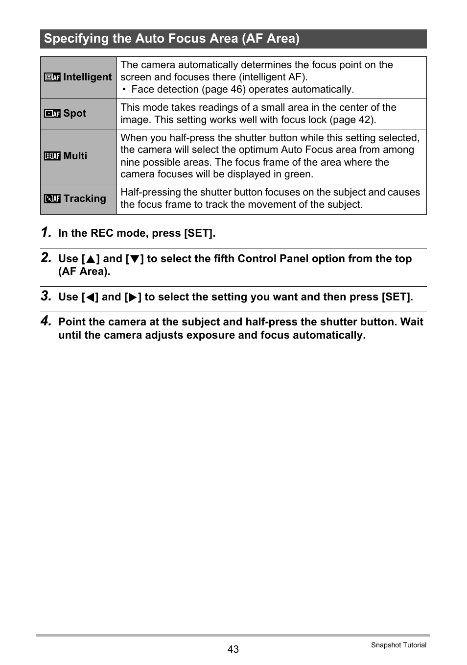 Specifying the auto focus area (af area) | Casio EXILIM EX-Z800 User Manual | Page 43 / 187