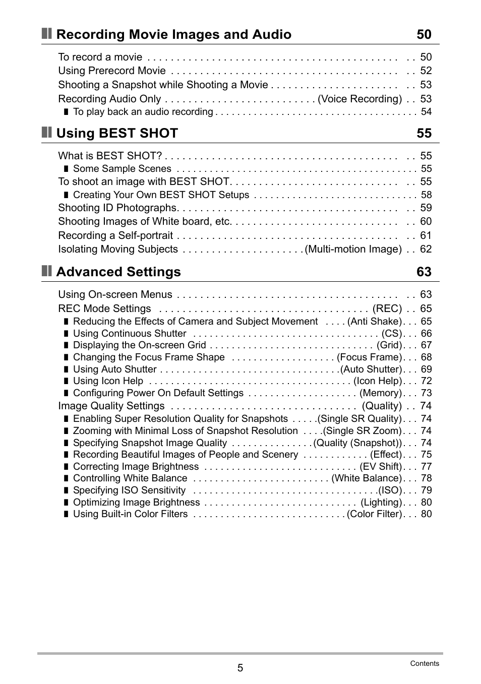 Recording movie images and audio 50, Using best shot 55, Advanced settings 63 | Casio EXILIM EX-Z800 User Manual | Page 5 / 187