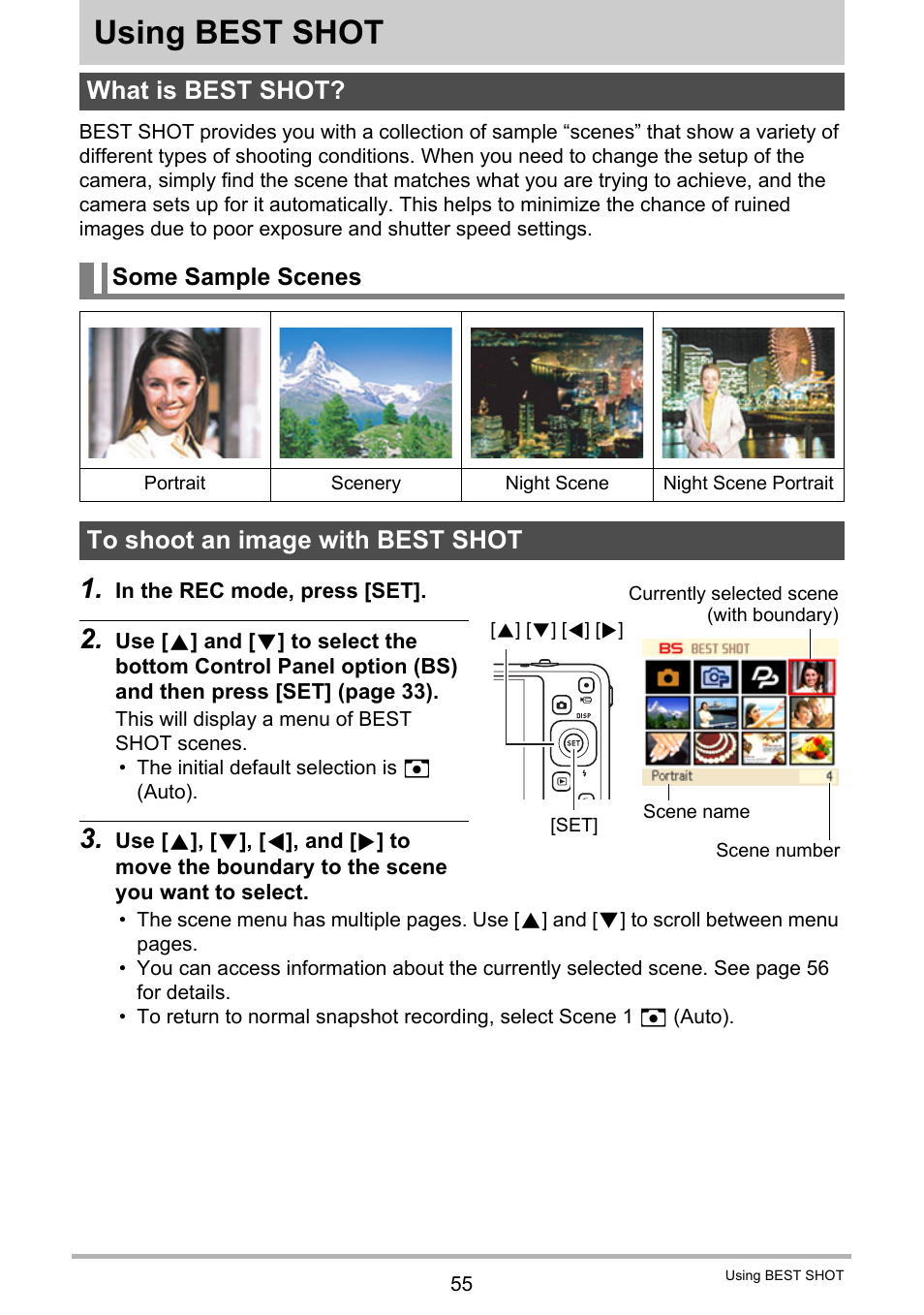 Using best shot, What is best shot, Some sample scenes | To shoot an image with best shot, 55), you can sel | Casio EXILIM EX-Z800 User Manual | Page 55 / 187