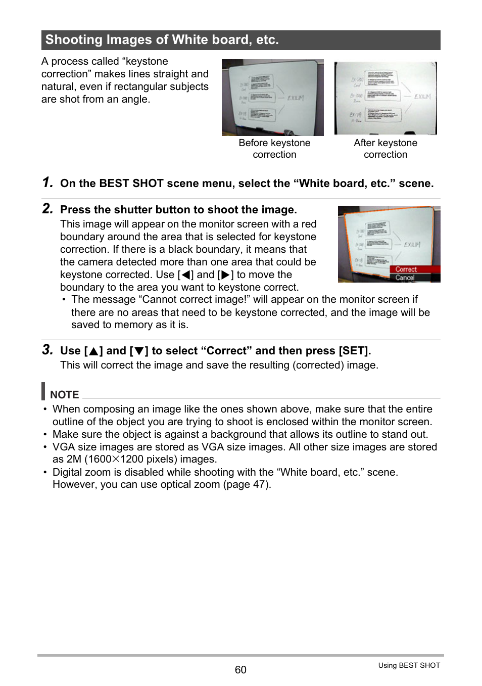 Shooting images of white board, etc | Casio EXILIM EX-Z800 User Manual | Page 60 / 187