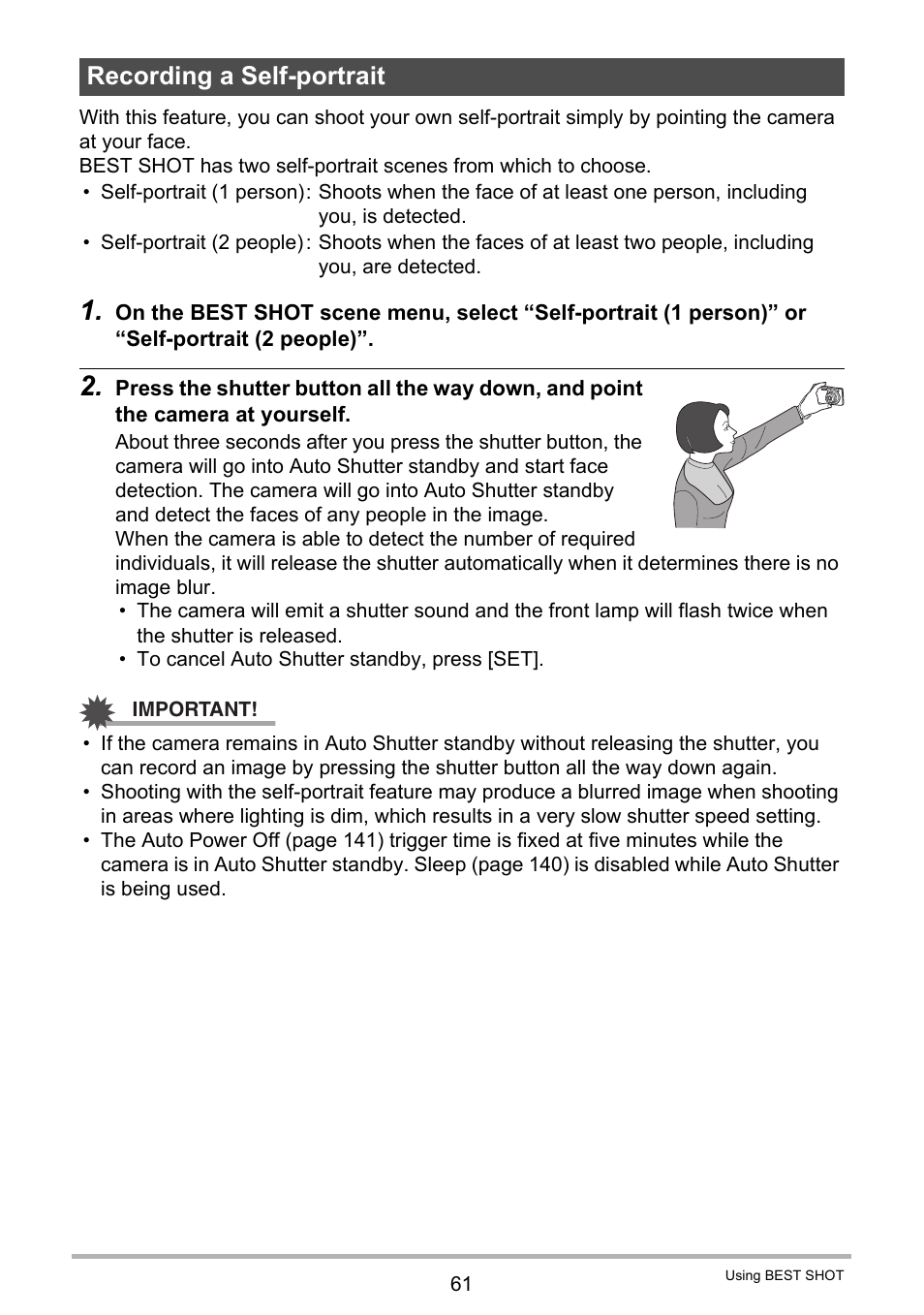 Recording a self-portrait | Casio EXILIM EX-Z800 User Manual | Page 61 / 187