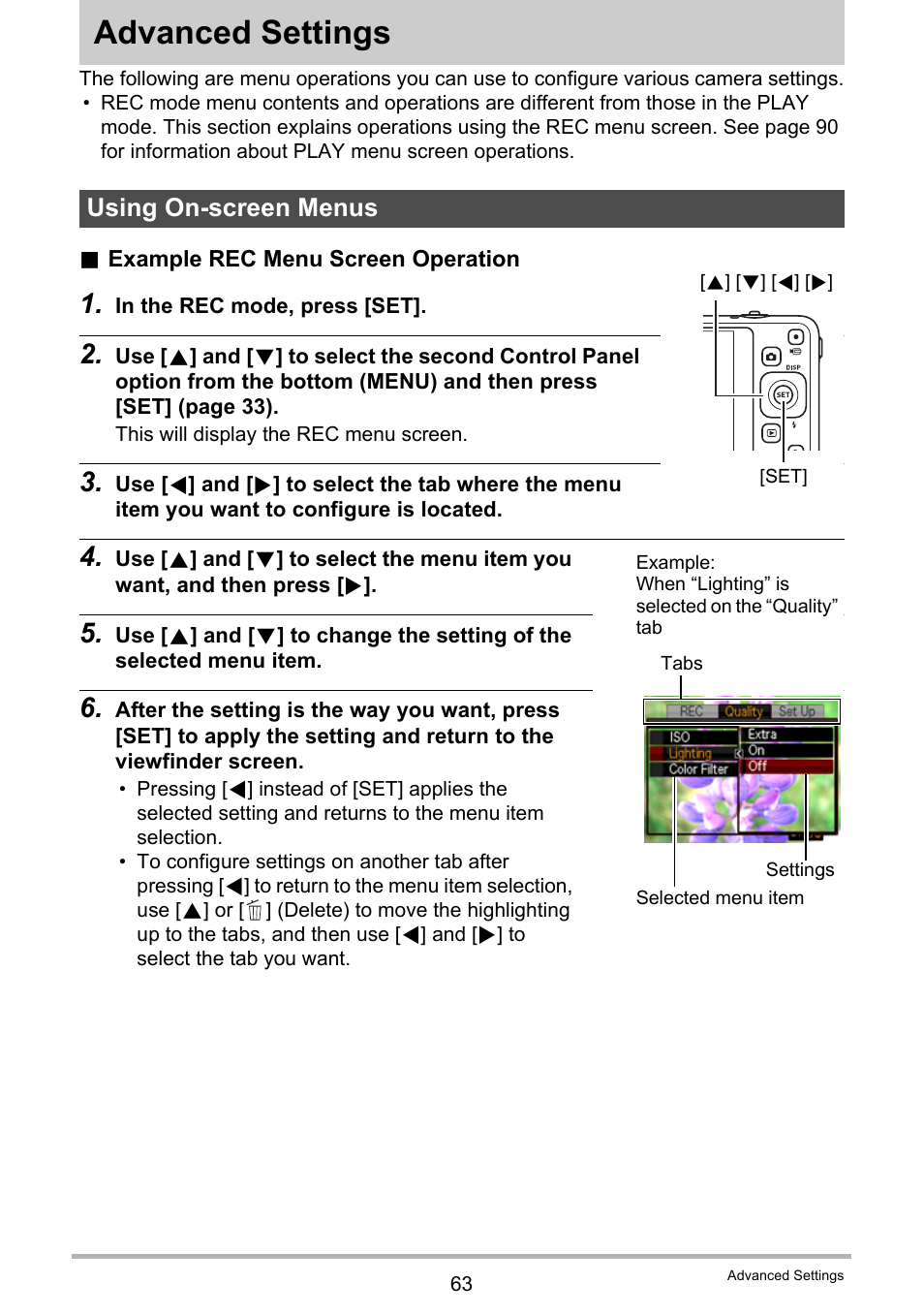 Advanced settings, Using on-screen menus | Casio EXILIM EX-Z800 User Manual | Page 63 / 187