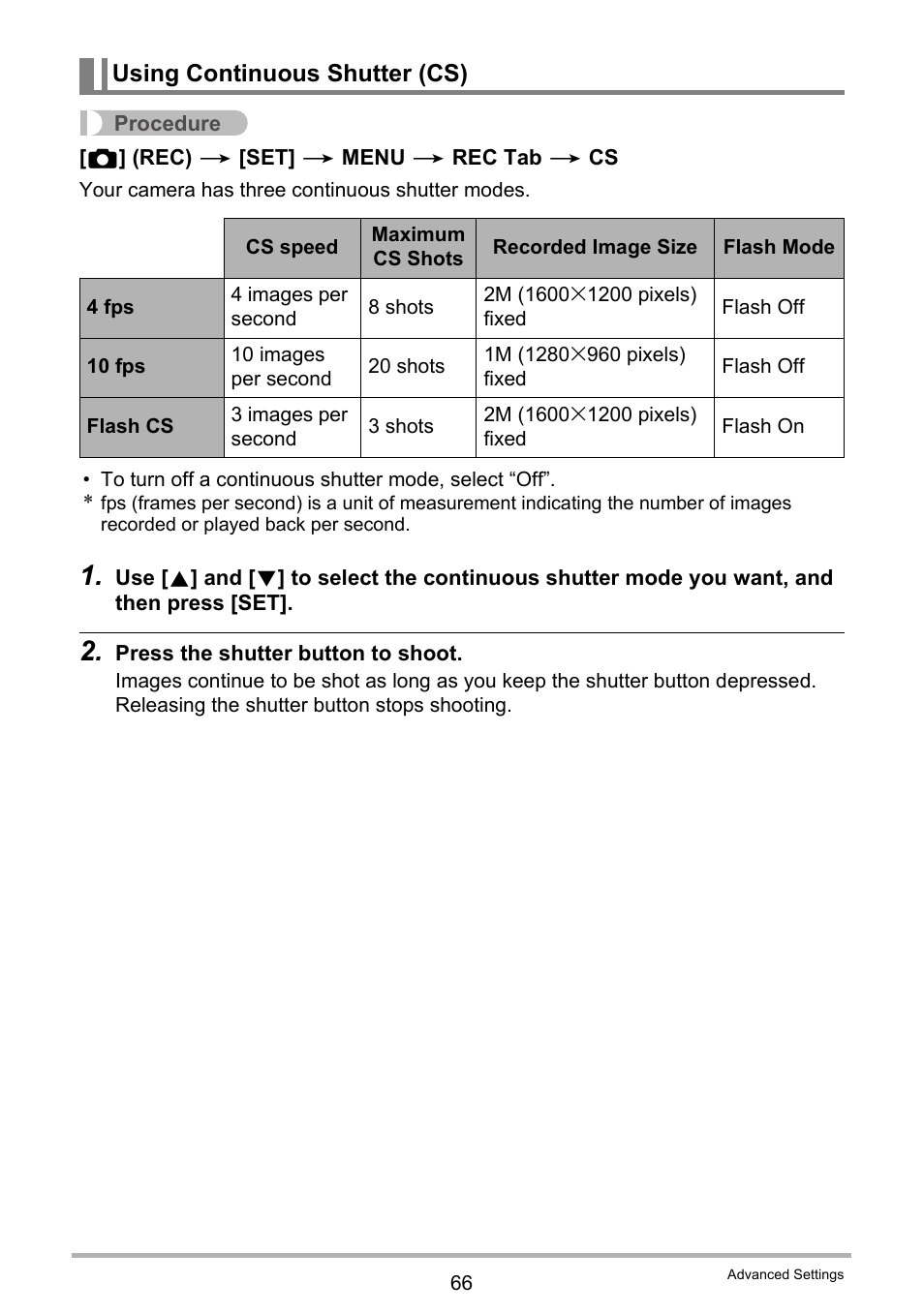 Using continuous shutter (cs) | Casio EXILIM EX-Z800 User Manual | Page 66 / 187