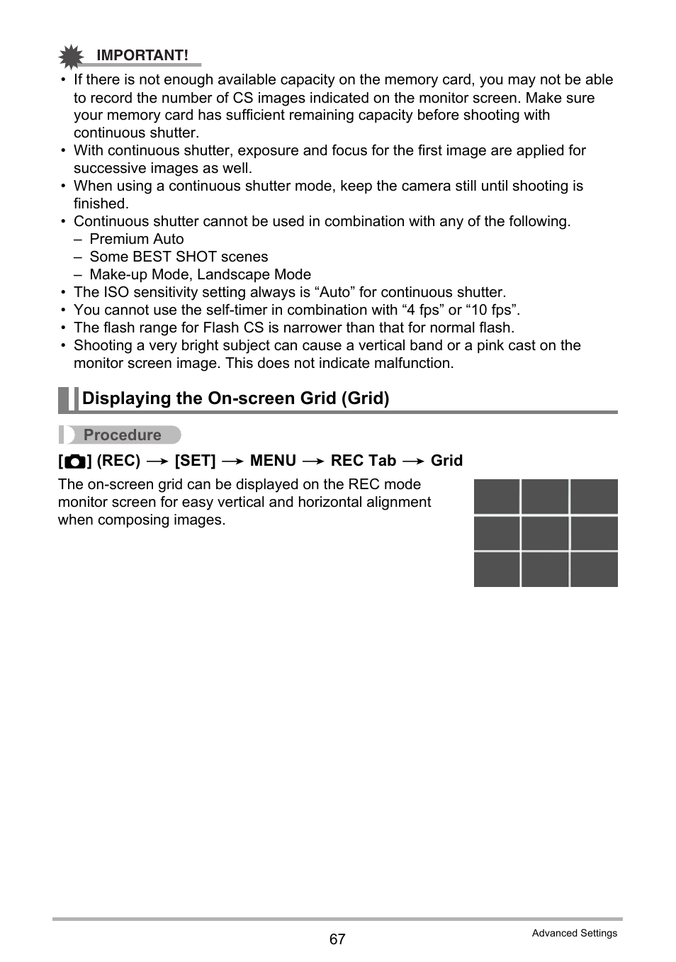 Displaying the on-screen grid (grid) | Casio EXILIM EX-Z800 User Manual | Page 67 / 187