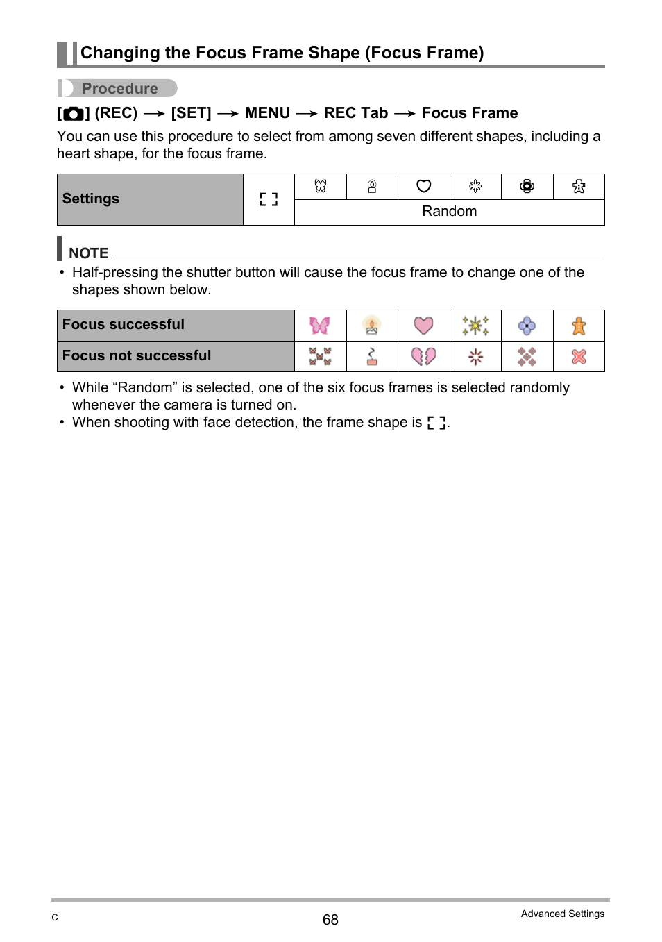 Changing the focus frame shape (focus frame) | Casio EXILIM EX-Z800 User Manual | Page 68 / 187