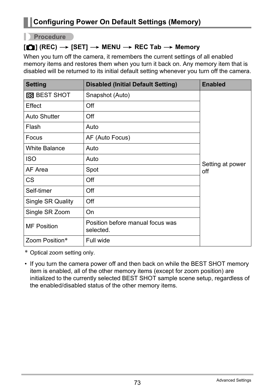Configuring power on default settings (memory) | Casio EXILIM EX-Z800 User Manual | Page 73 / 187