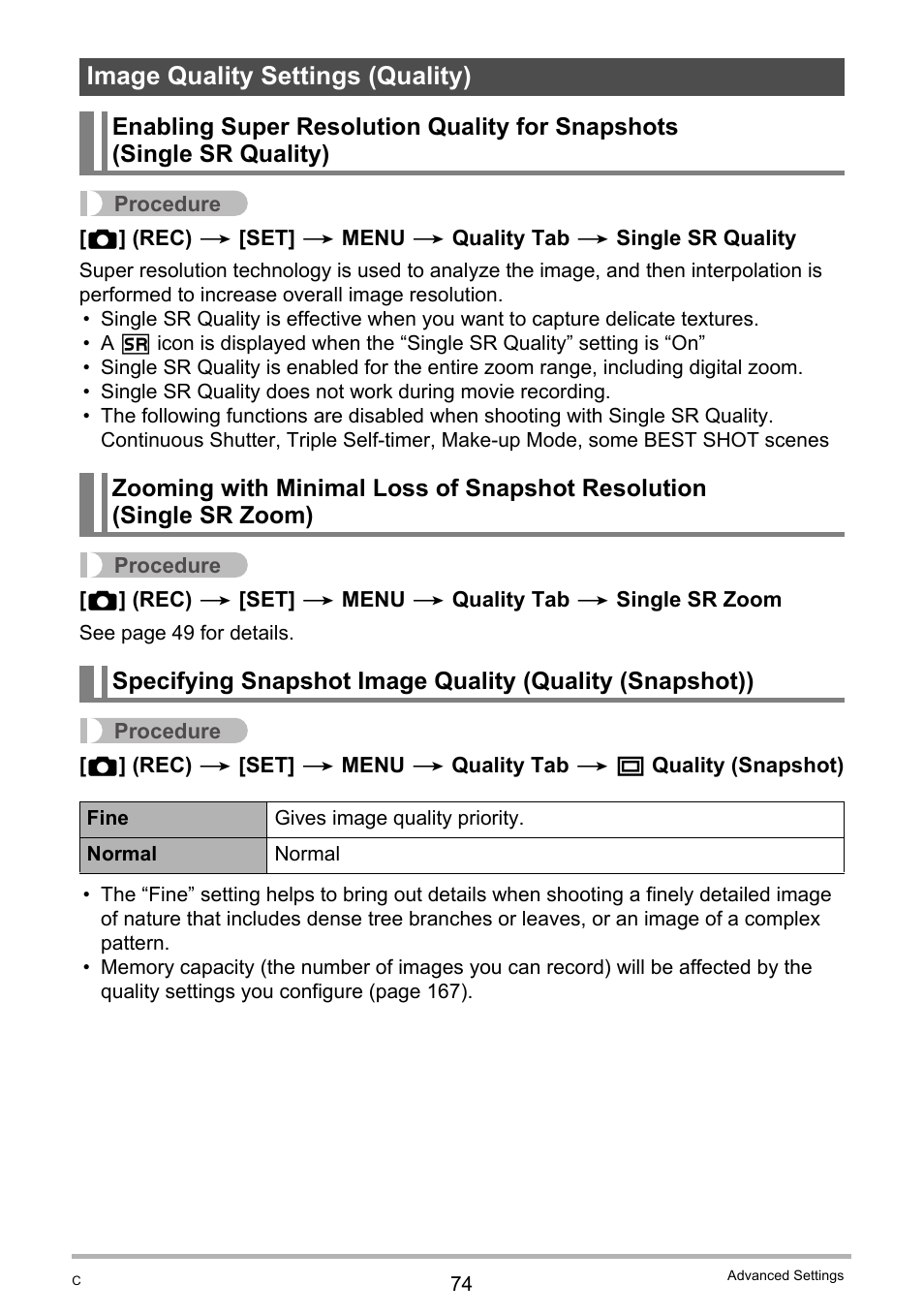 Image quality settings (quality) | Casio EXILIM EX-Z800 User Manual | Page 74 / 187