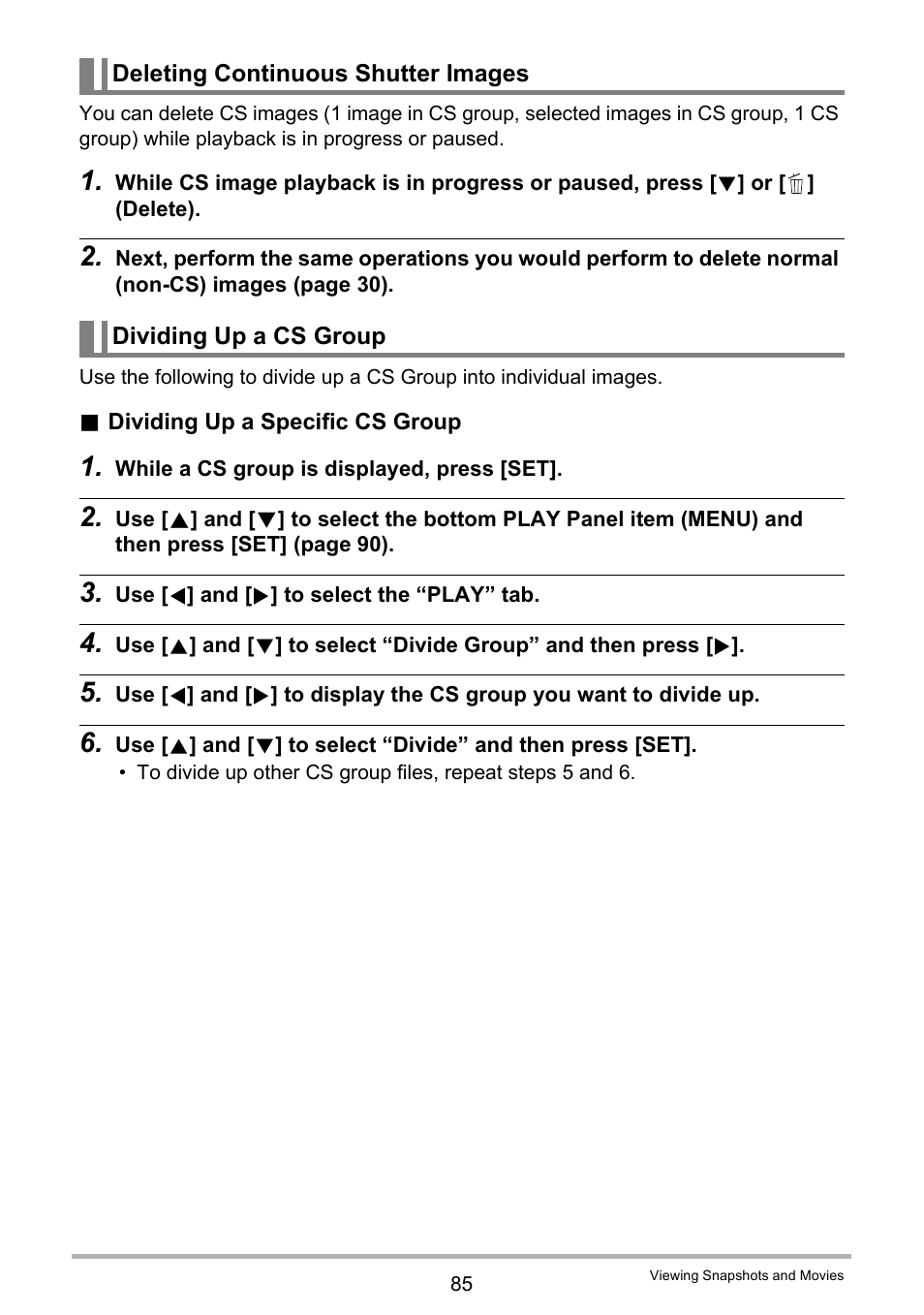 Deleting continuous shutter images, Dividing up a cs group | Casio EXILIM EX-Z800 User Manual | Page 85 / 187