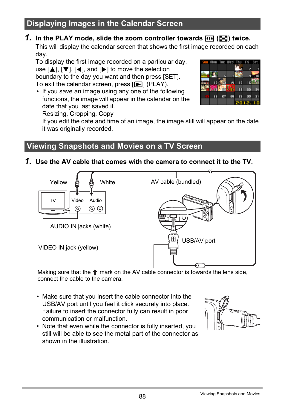 Displaying images in the calendar screen, Viewing snapshots and movies on a tv screen | Casio EXILIM EX-Z800 User Manual | Page 88 / 187