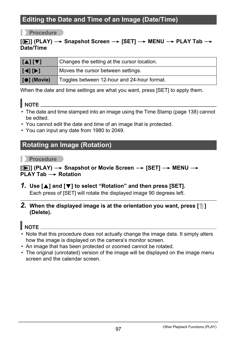 Editing the date and time of an image (date/time), Rotating an image (rotation) | Casio EXILIM EX-Z800 User Manual | Page 97 / 187