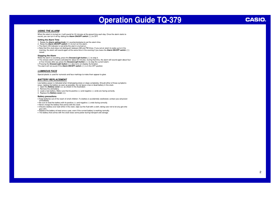 Using the alarm, Luminous face, Battery replacement | Operation guide tq-379 | Casio TQ-379 User Manual | Page 2 / 2