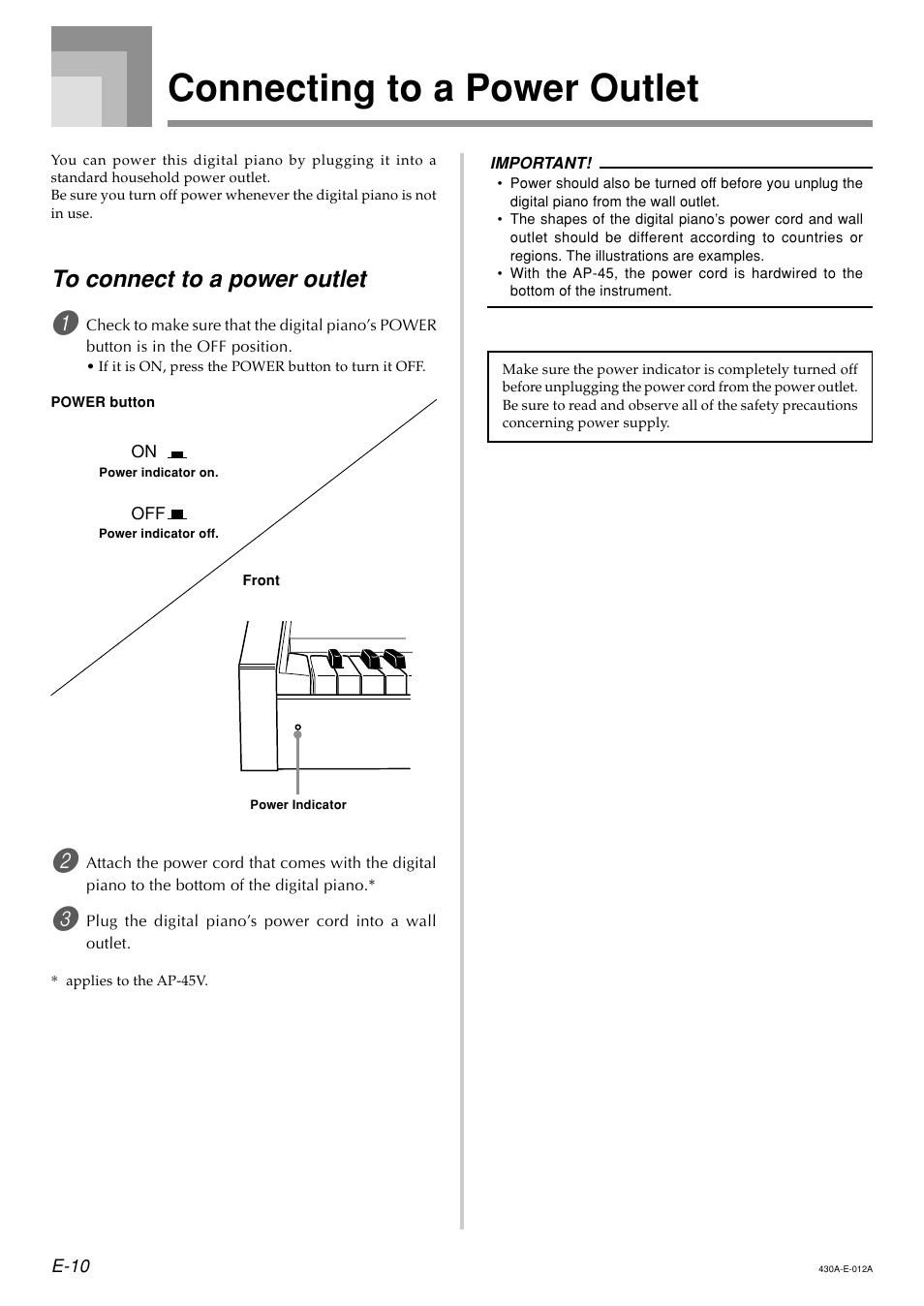 Connecting to a power outlet | Casio CELVIANO AP45ES1C User Manual | Page 12 / 53