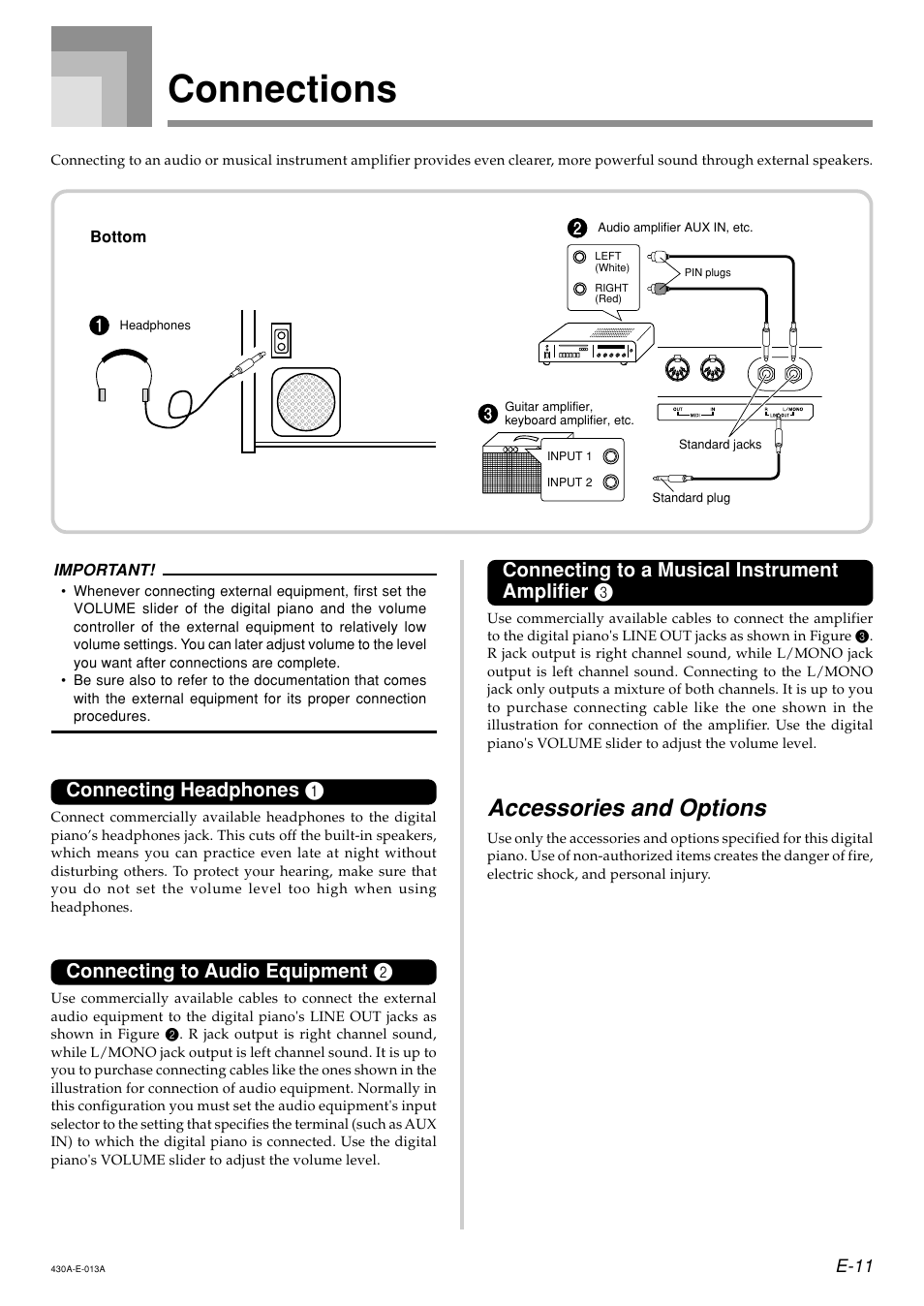 Connections, Accessories and options, Connecting headphones 1 | Connecting to audio equipment 2, Connecting to a musical instrument amplifier 3 | Casio CELVIANO AP45ES1C User Manual | Page 13 / 53
