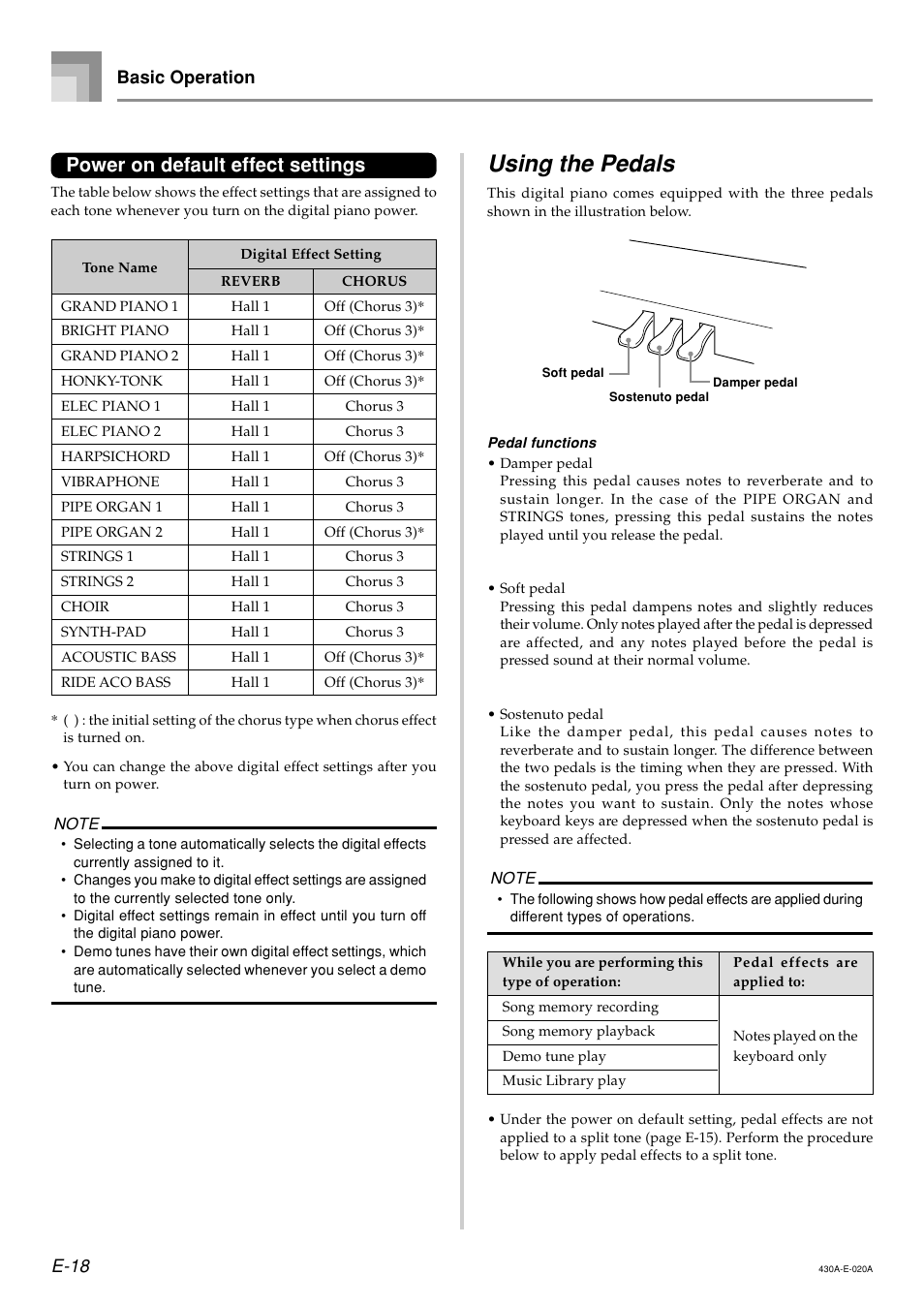 Using the pedals, Power on default effect settings, E-18 basic operation | Casio CELVIANO AP45ES1C User Manual | Page 20 / 53