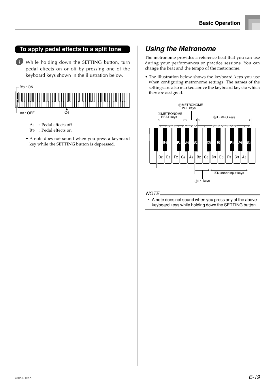 Using the metronome, E-19, Basic operation | Casio CELVIANO AP45ES1C User Manual | Page 21 / 53