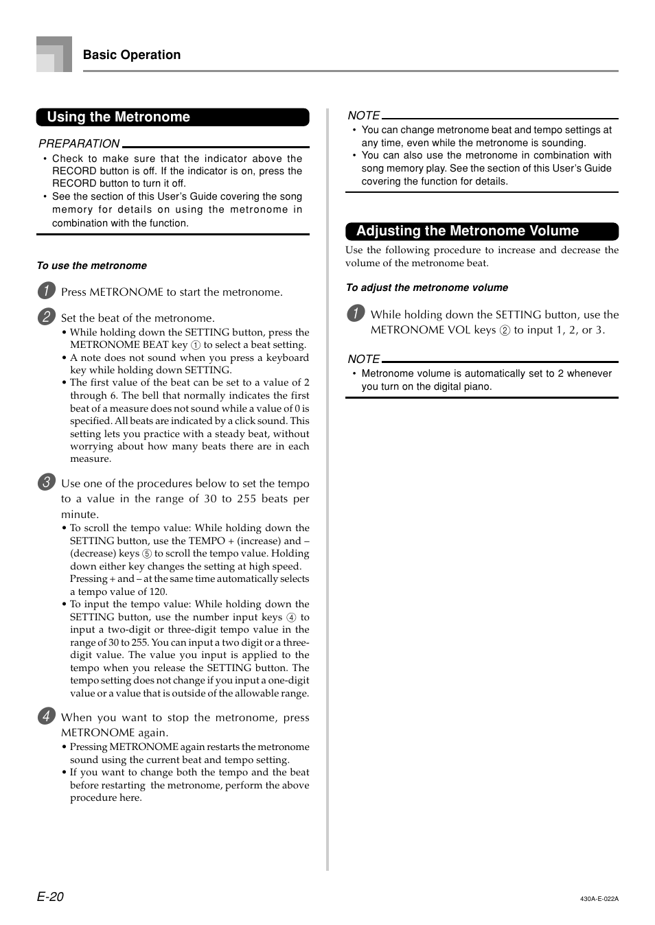 Adjusting the metronome volume, Using the metronome | Casio CELVIANO AP45ES1C User Manual | Page 22 / 53