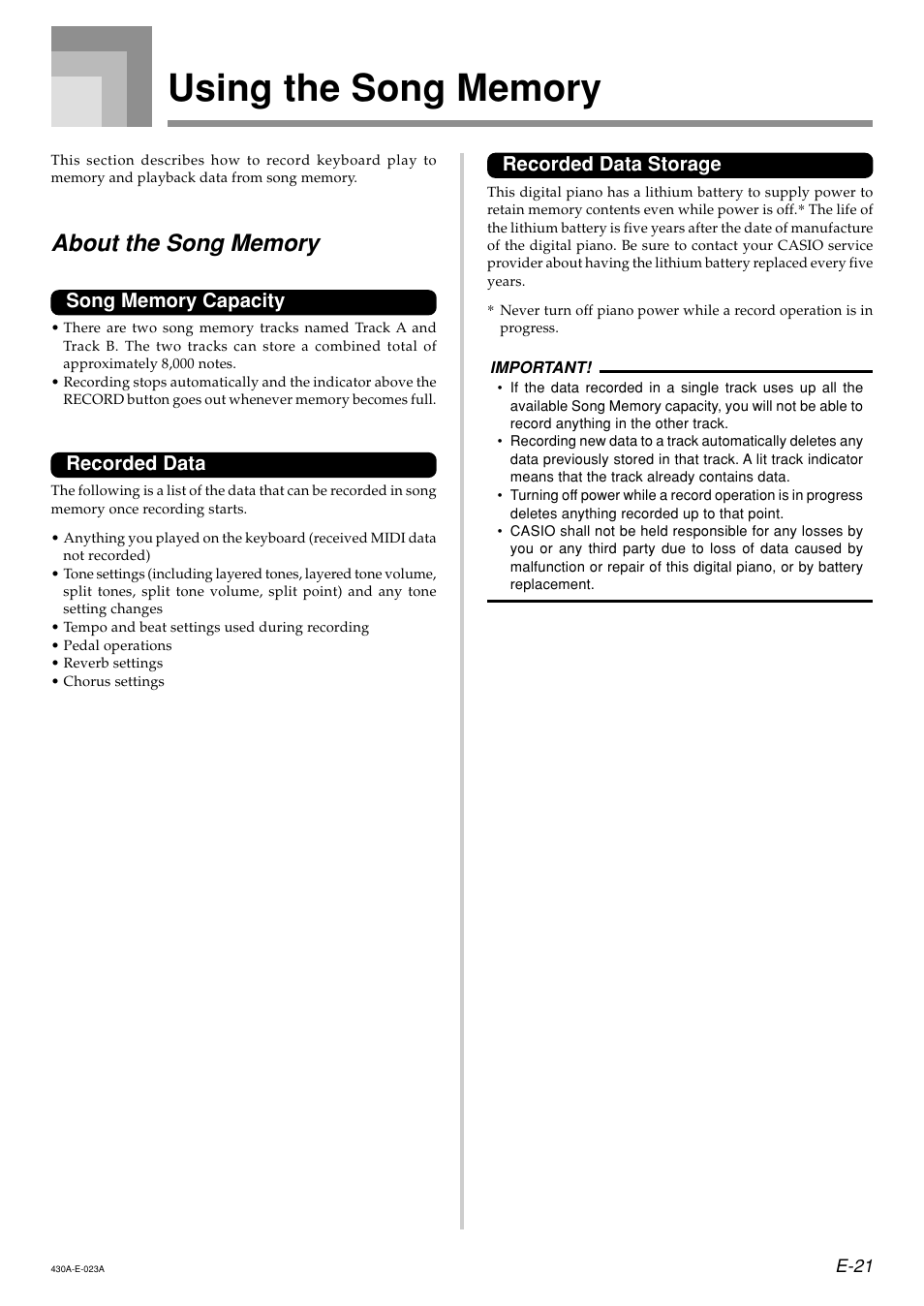 Recorded data, Recorded data storage | Casio CELVIANO AP45ES1C User Manual | Page 23 / 53