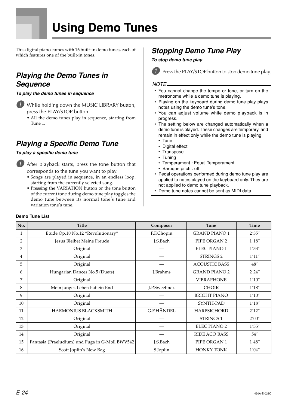 Using demo tunes, Playing the demo tunes in sequence, Playing a specific demo tune | Stopping demo tune play | Casio CELVIANO AP45ES1C User Manual | Page 26 / 53