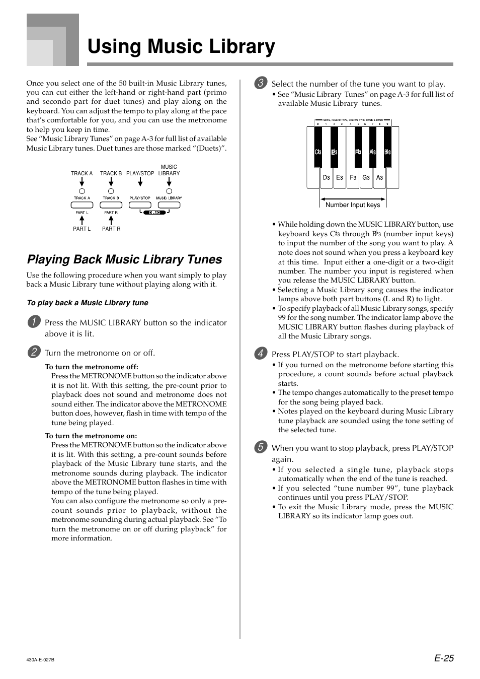 Using music library, Playing back music library tunes | Casio CELVIANO AP45ES1C User Manual | Page 27 / 53