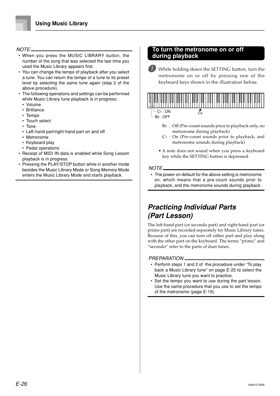 Practicing individual parts (part lesson), E-26, Using music library | Casio CELVIANO AP45ES1C User Manual | Page 28 / 53