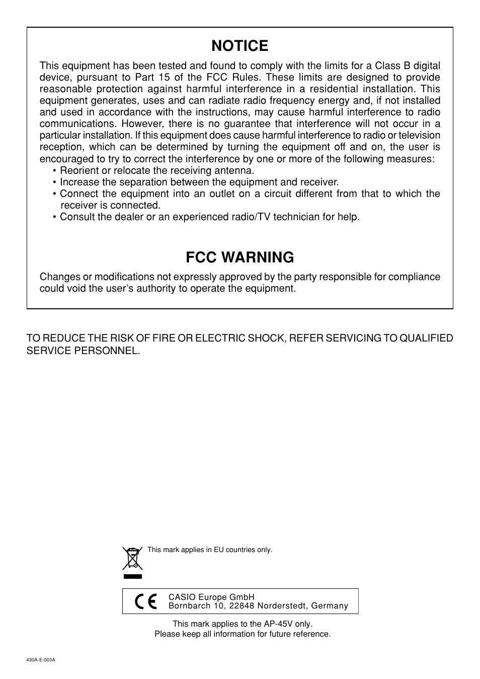 Notice, Fcc warning | Casio CELVIANO AP45ES1C User Manual | Page 3 / 53