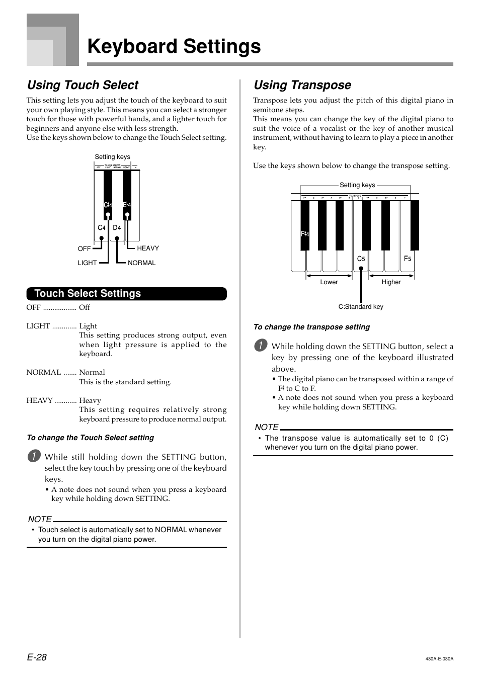 Keyboard settings, Using touch select, Using transpose | Touch select settings | Casio CELVIANO AP45ES1C User Manual | Page 30 / 53