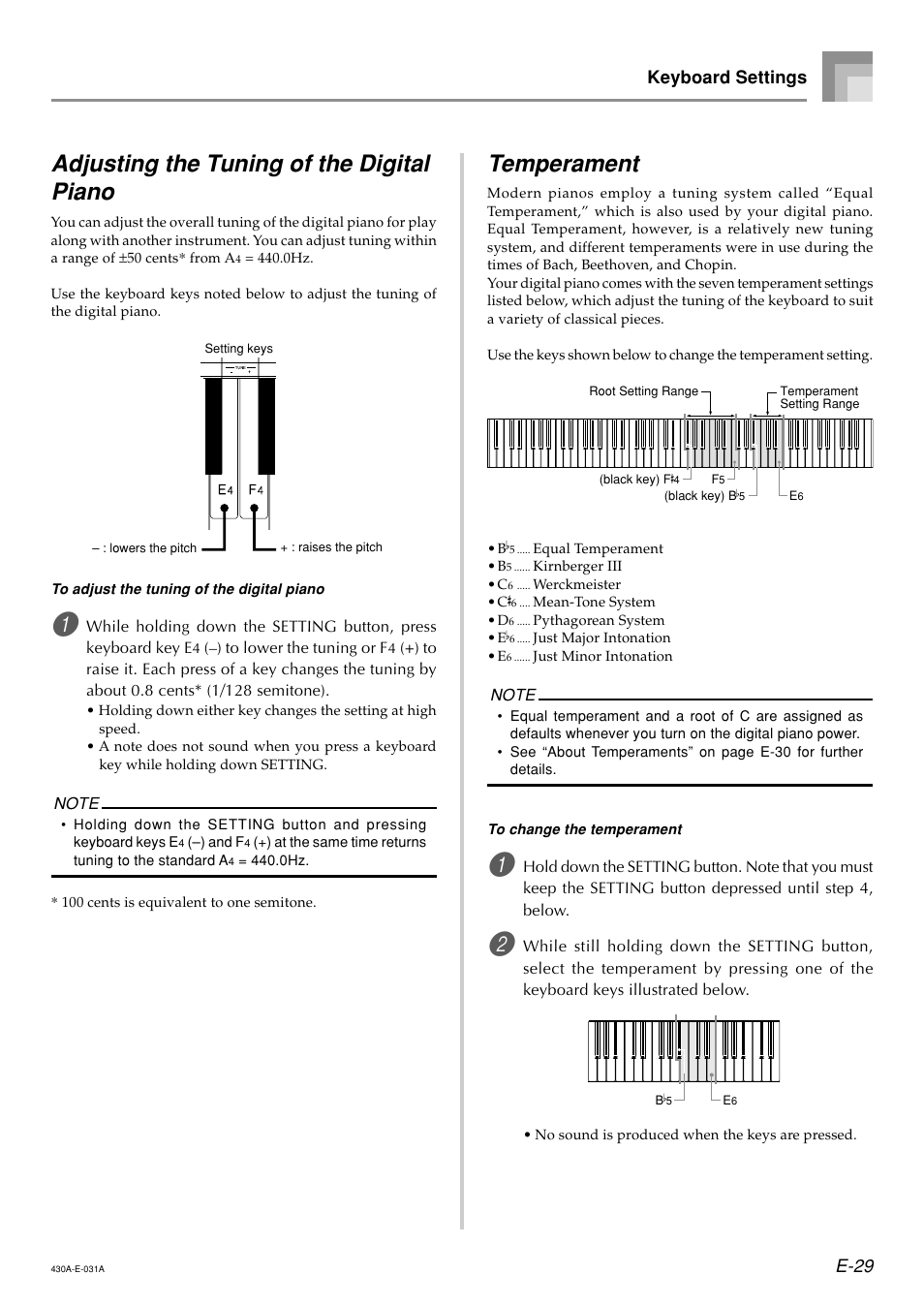 Adjusting the tuning of the digital piano, Temperament, E-29 keyboard settings | Casio CELVIANO AP45ES1C User Manual | Page 31 / 53