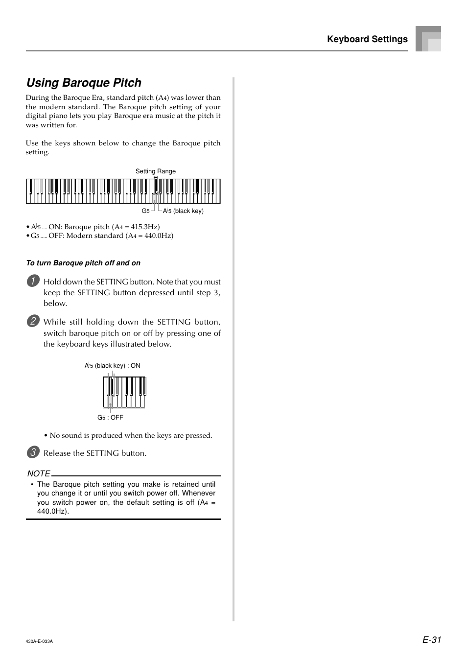 Using baroque pitch, E-31, Keyboard settings | Casio CELVIANO AP45ES1C User Manual | Page 33 / 53