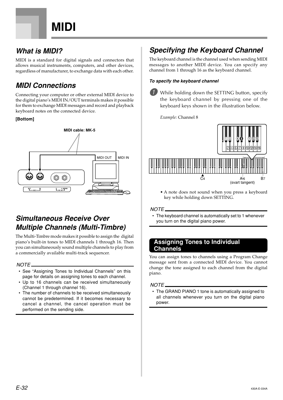 Midi, What is midi, Midi connections | Specifying the keyboard channel, Assigning tones to individual channels | Casio CELVIANO AP45ES1C User Manual | Page 34 / 53