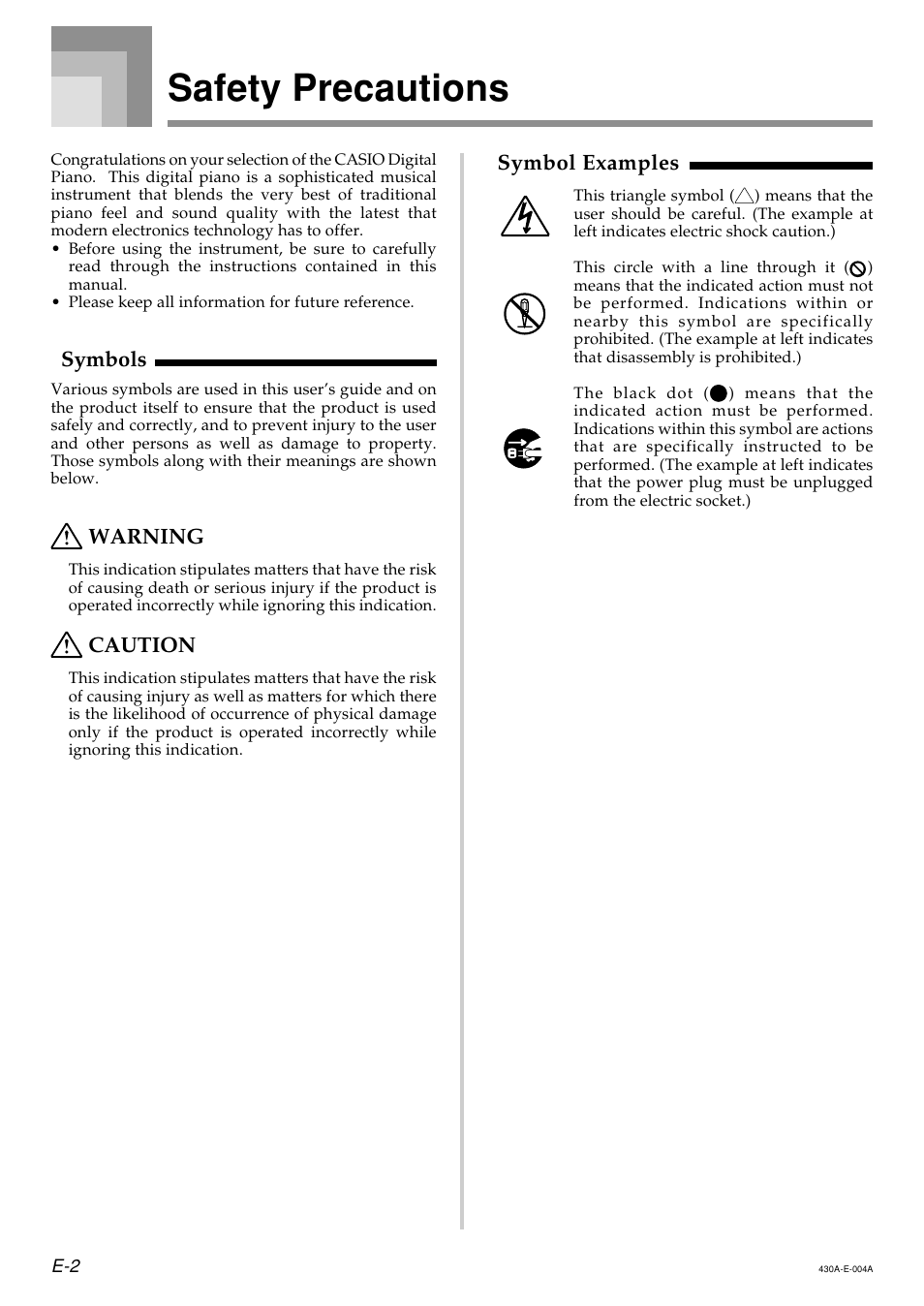 Safety precautions, Symbols, Warning | Caution, Symbol examples | Casio CELVIANO AP45ES1C User Manual | Page 4 / 53