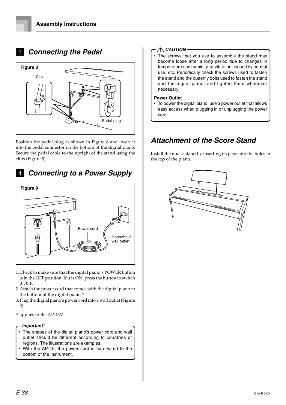 Connecting to a power supply, Attachment of the score stand, Connecting the pedal | Casio CELVIANO AP45ES1C User Manual | Page 40 / 53