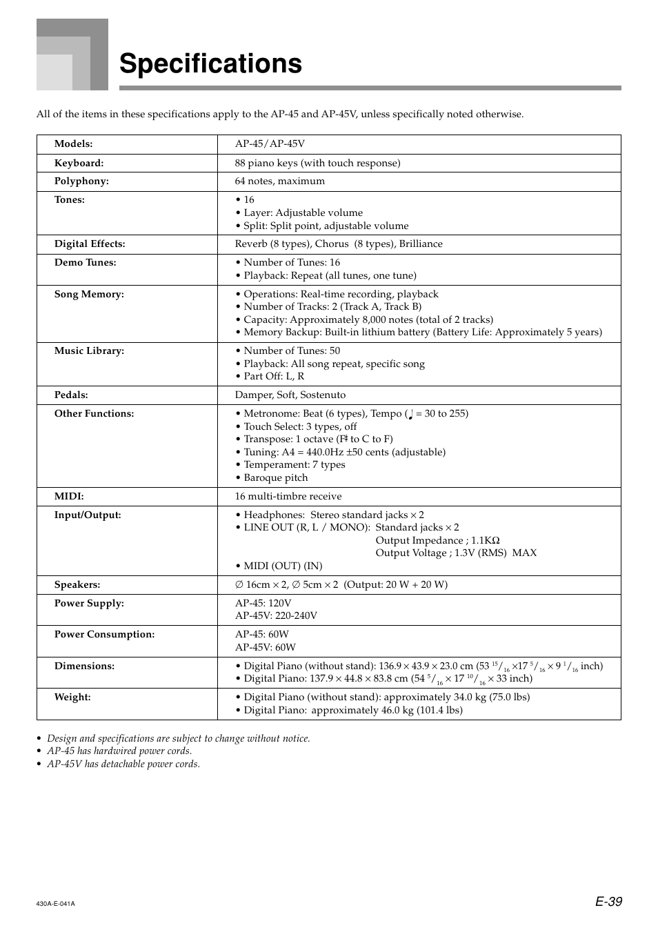 Specifications, E-39 | Casio CELVIANO AP45ES1C User Manual | Page 41 / 53