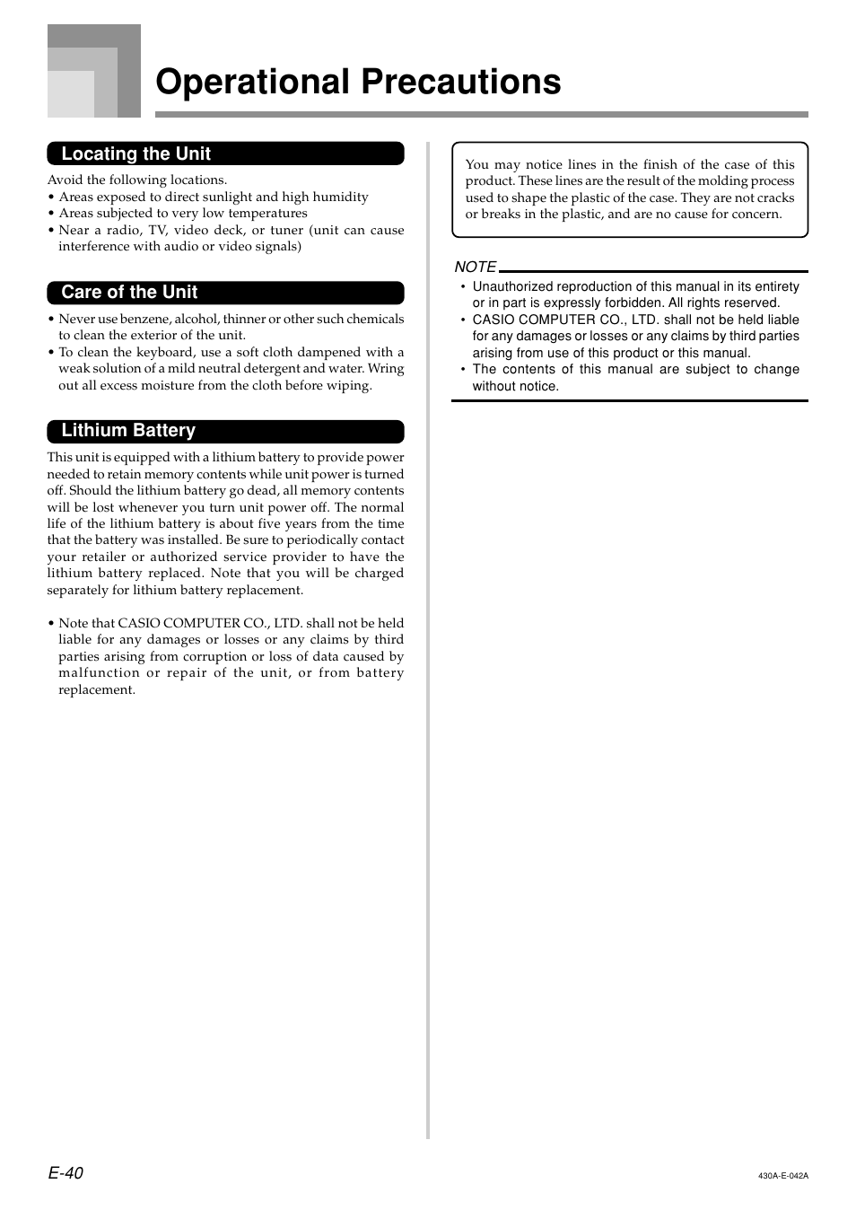 Operational precautions, Locating the unit, Care of the unit | Lithium battery | Casio CELVIANO AP45ES1C User Manual | Page 42 / 53
