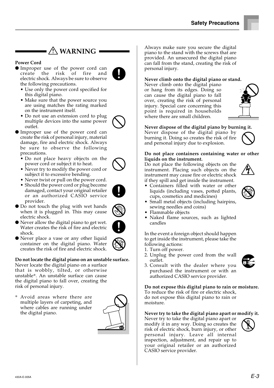 Warning | Casio CELVIANO AP45ES1C User Manual | Page 5 / 53