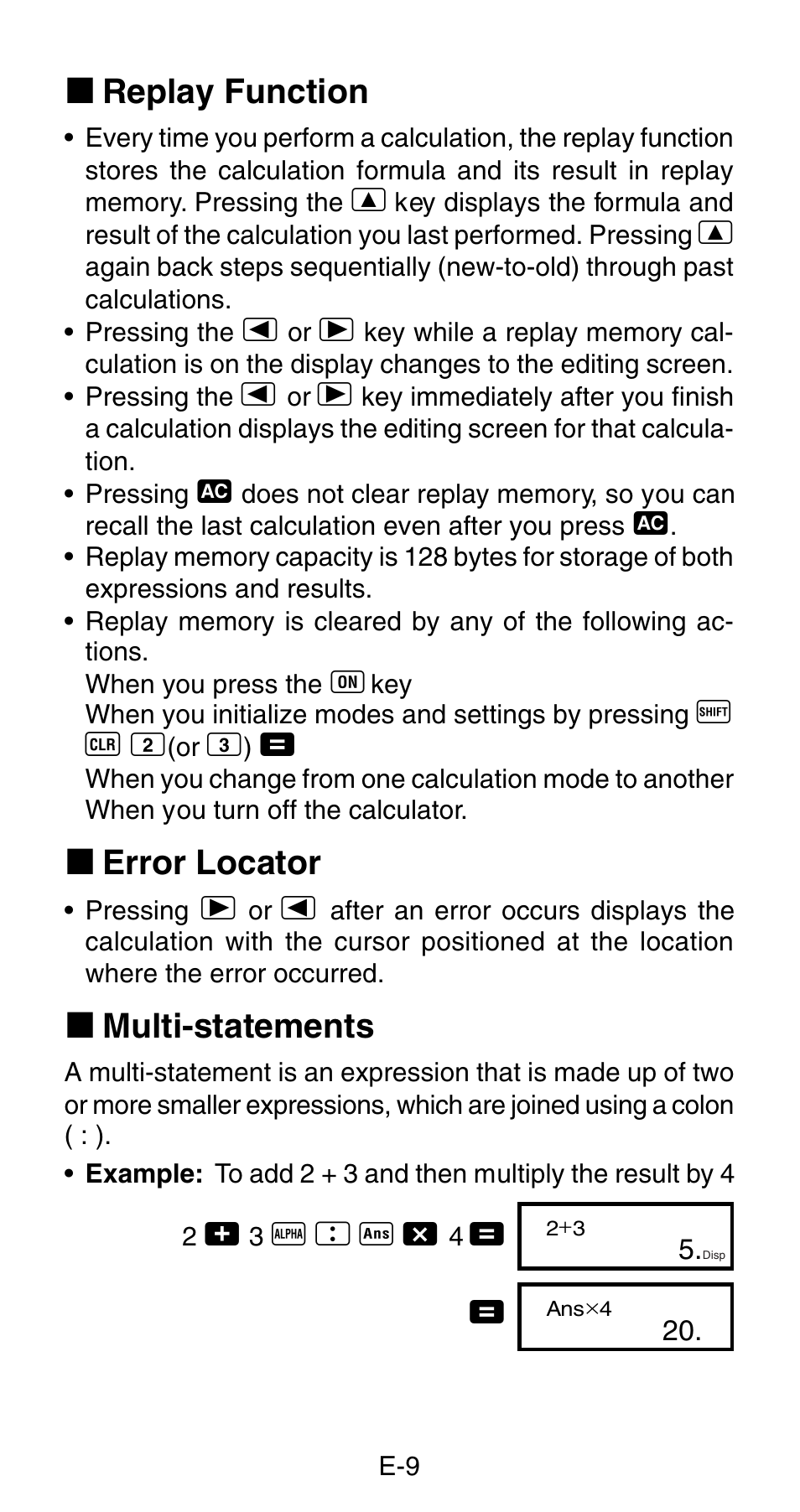 K replay function, K error locator, K multi-statements | Casio FX-820MS User Manual | Page 11 / 38