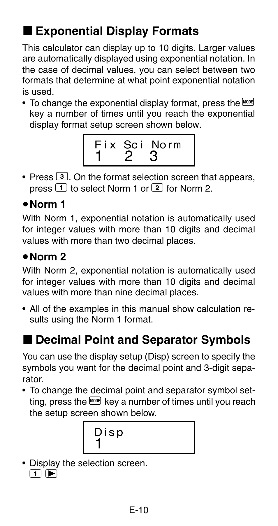 K exponential display formats, K decimal point and separator symbols | Casio FX-820MS User Manual | Page 12 / 38