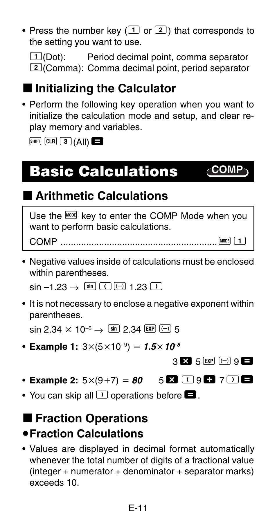 Basic calculations, K initializing the calculator, K arithmetic calculations | K fraction operations | Casio FX-820MS User Manual | Page 13 / 38